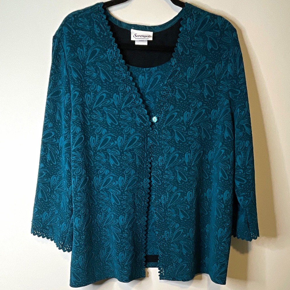 Serengeti Cardigan Womens 1X Teal Paisley Lace Trim Button Front V Neck